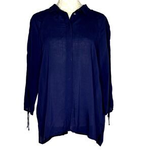 Zara Button Front Woven Blouse Tie Slit Sleeve Navy Blue M am